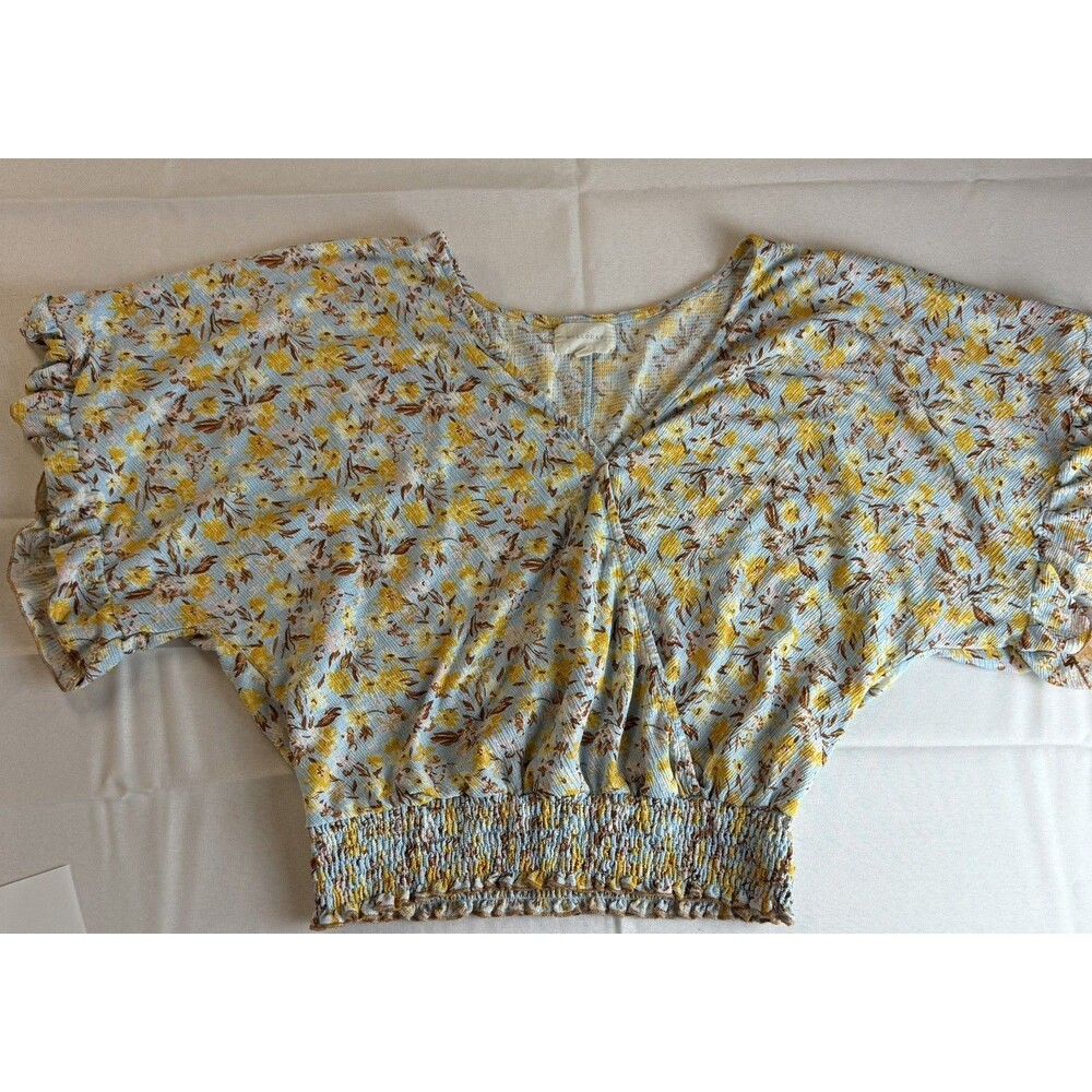 MELLODAY Blue Yellow FLoral Stretch V-neck Ruffle Sleeve Cropped Peasant Top L